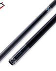 A sleek black pool cue with intricate blue and silver geometric designs near the joint and the grip. The cue features a polished finish and a subtle textured grip for enhanced handling.