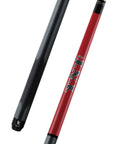 A sleek pool cue with a black textured grip handle and a vibrant red shaft. The shaft features bold white graphic text for a striking visual contrast. The brand logo is positioned near the base of the handle, adding a touch of elegance to the overall design.