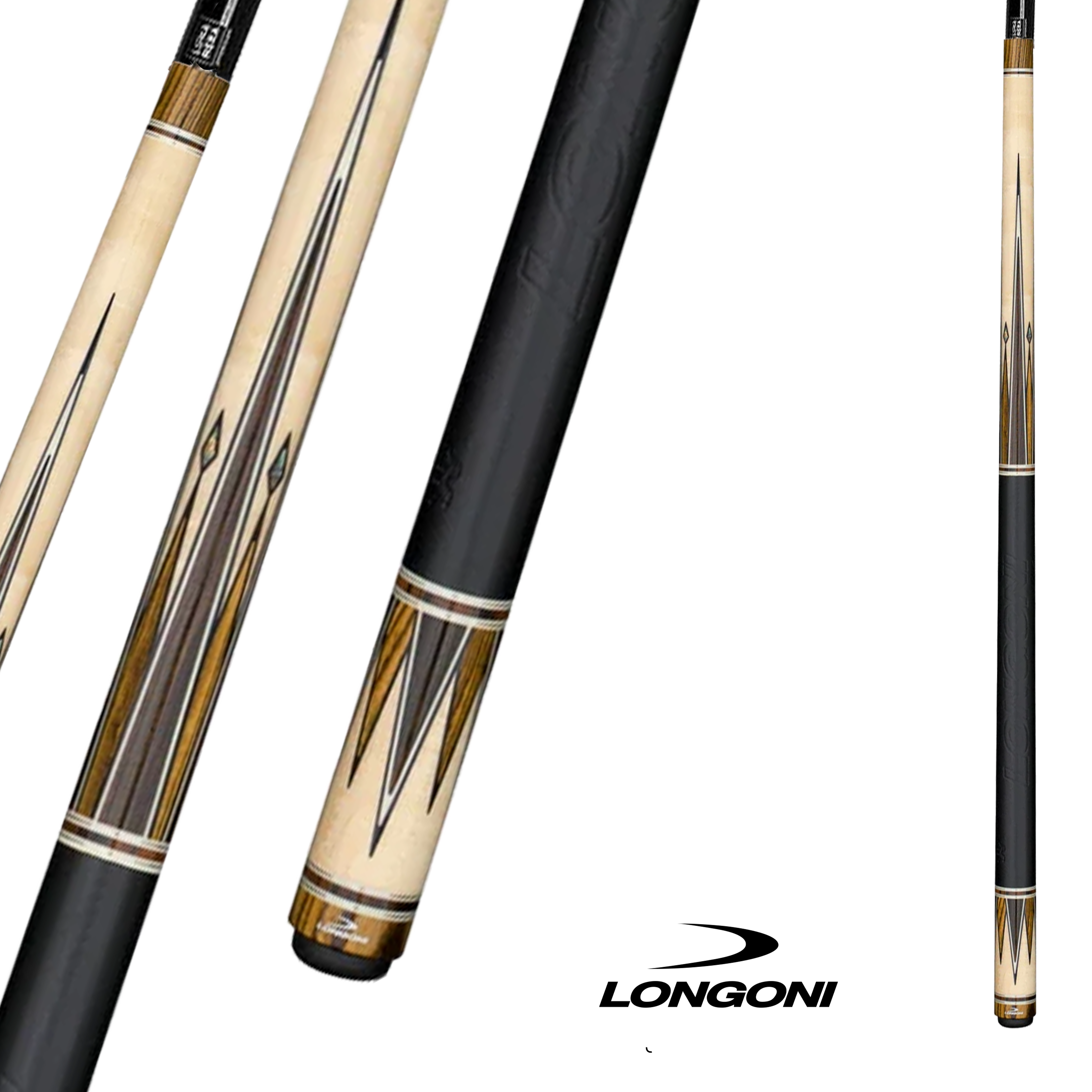 BAGUETTE DE BILLARD LONGONI MINERVA GRIP CUIR - FLÈCHE LUNA NERA BEIGE/NOIR 12.5MM 19OZ