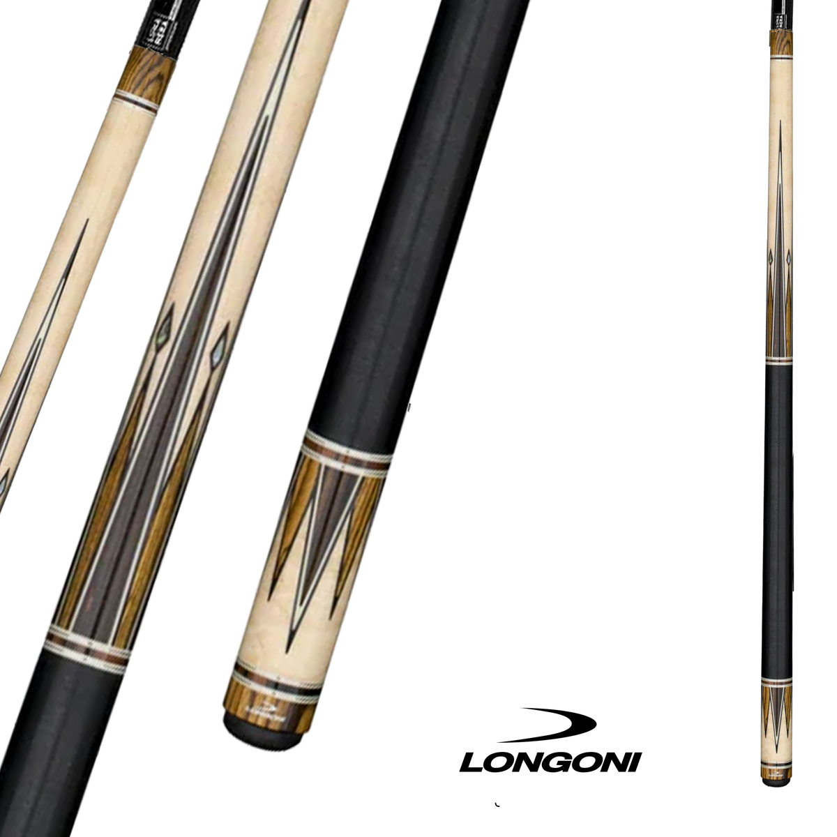 LONGONI POOL CUE MINERVA LINEN WRAP - LUNA NERA SHAFT BEIGE/BLACK 12.5MM 19OZ