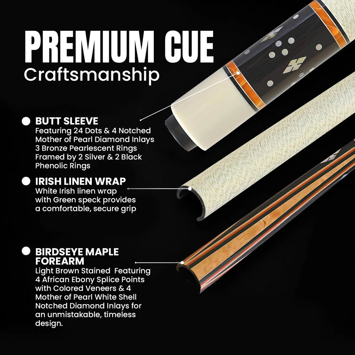 BALABUSHKA POOL CUE GB23  WHITE/WOOD - GREEN LINEN WRAP 13MM 19OZ