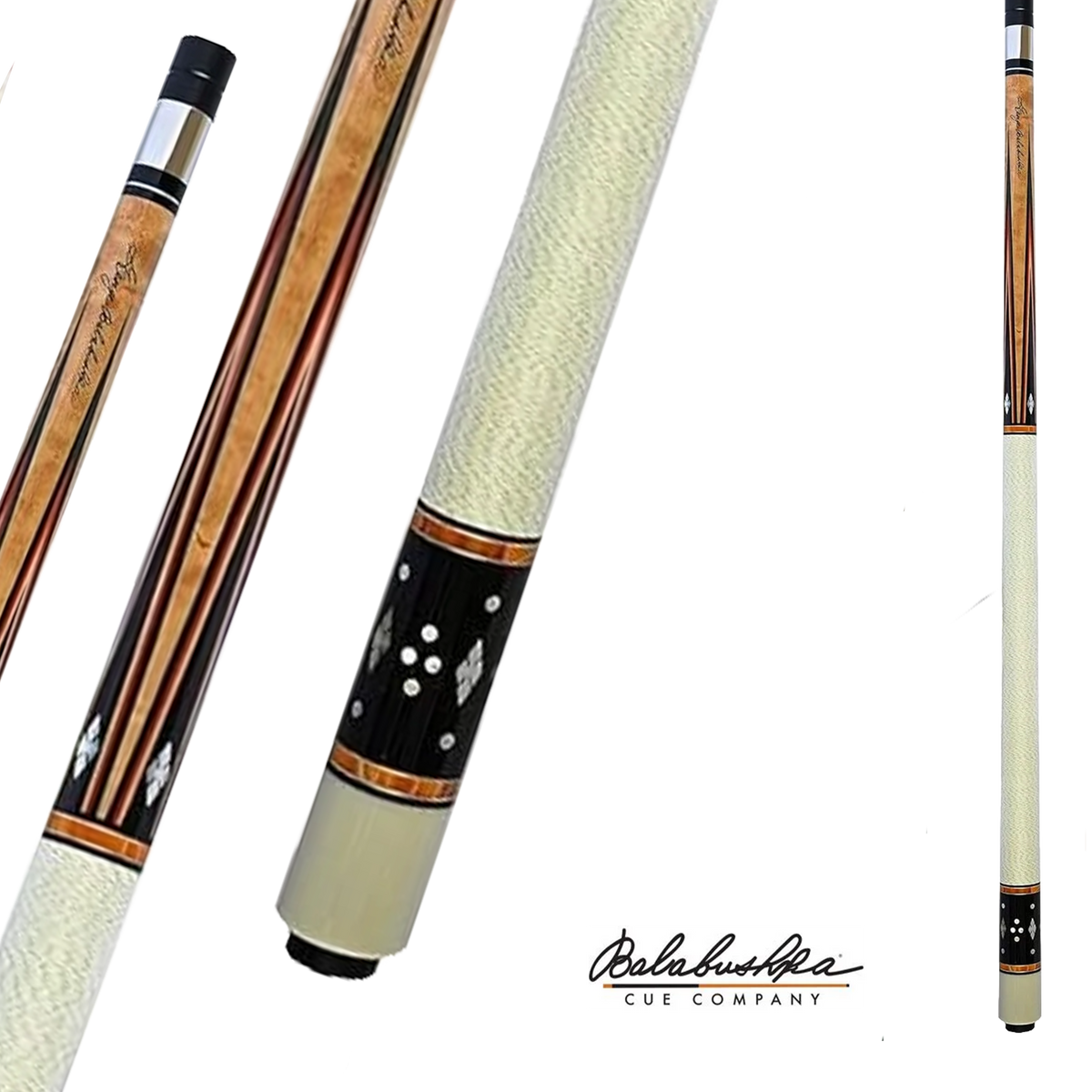 BALABUSHKA POOL CUE GB23  WHITE/WOOD - GREEN LINEN WRAP 13MM 19OZ