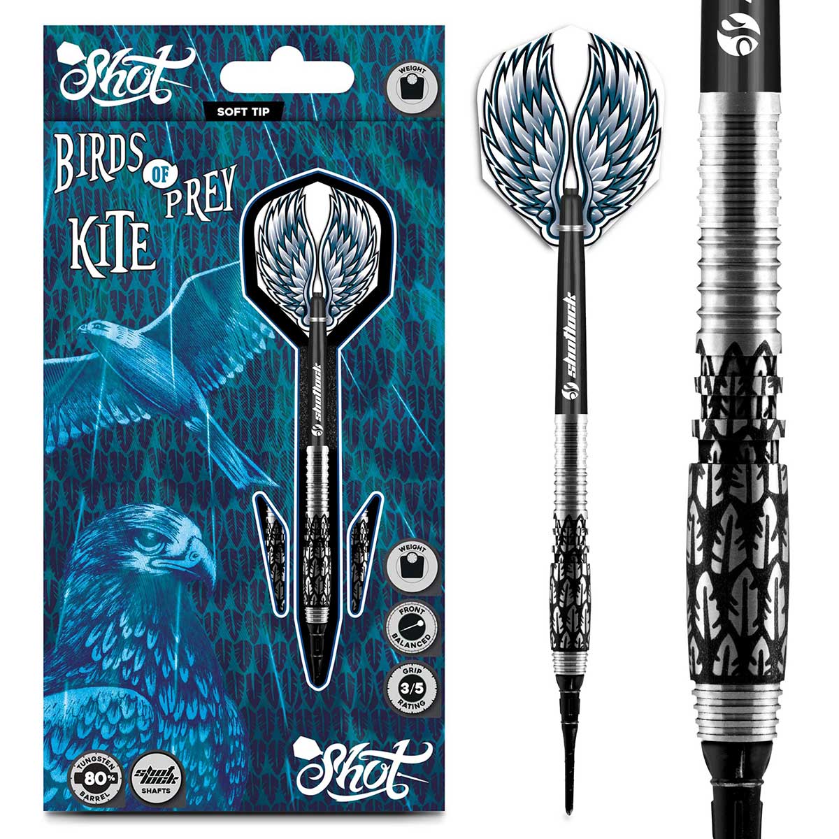 SHOT BIRDS OF PREY KITE SOFT TIP DART SET - 80% TUGSTEN BARRELS