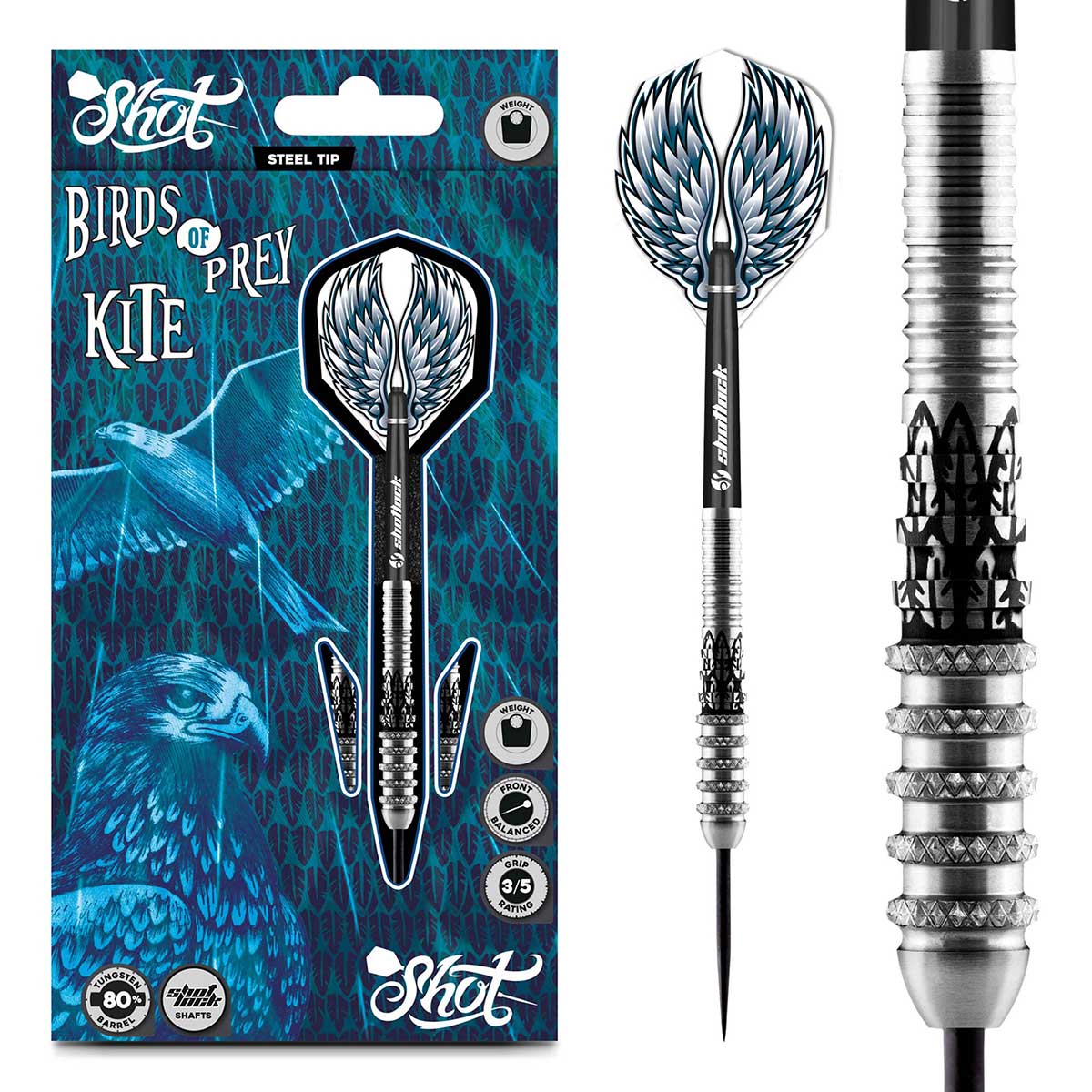 SHOT BIRDS OF PREY KITE STEEL TIP DART SET - 80% TUNGSTEN BARRELS