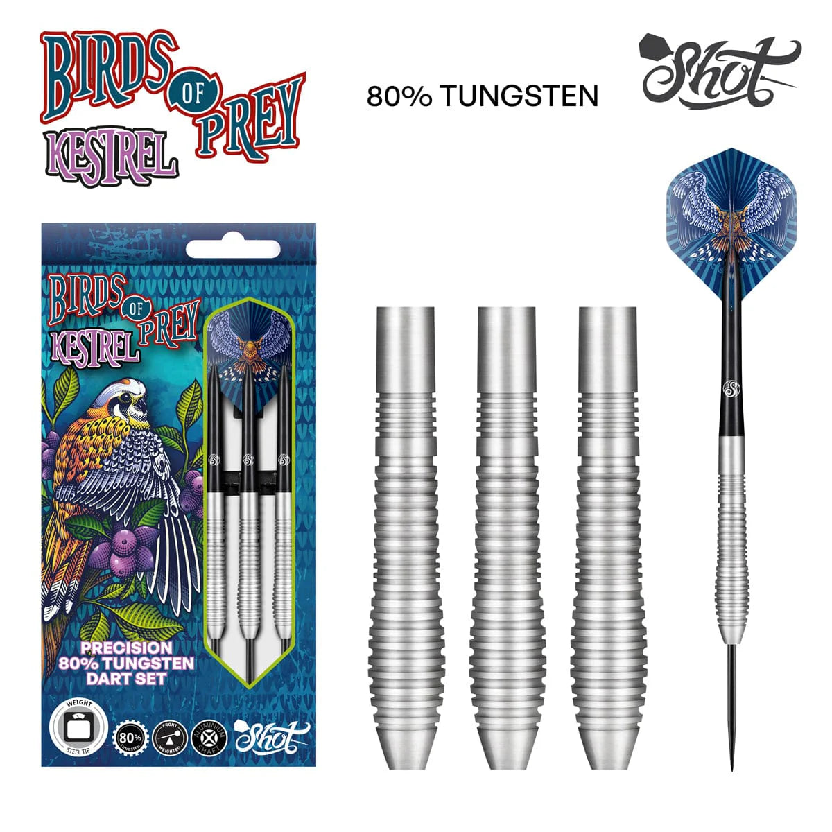 SHOT BIRDS OF PREY KESTREL STEEL TIP DART SET - 80% TUNGSTEN BARRELS