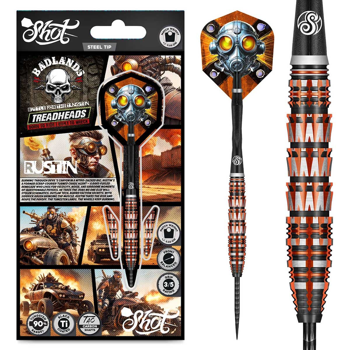 SHOT BADLANDS RUSTIN STEEL TIP DART SET - 90% TUNGSTEN BARRELS