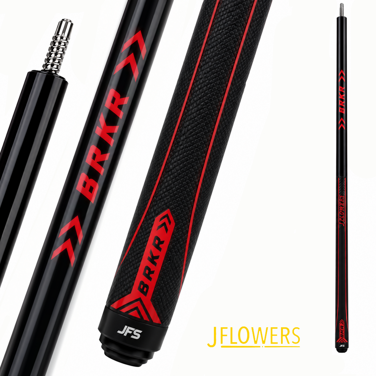 J FLOWERS POOL CUE BRKR LEATHER WRAP BLACK AND RED 13MM 19.5OZ