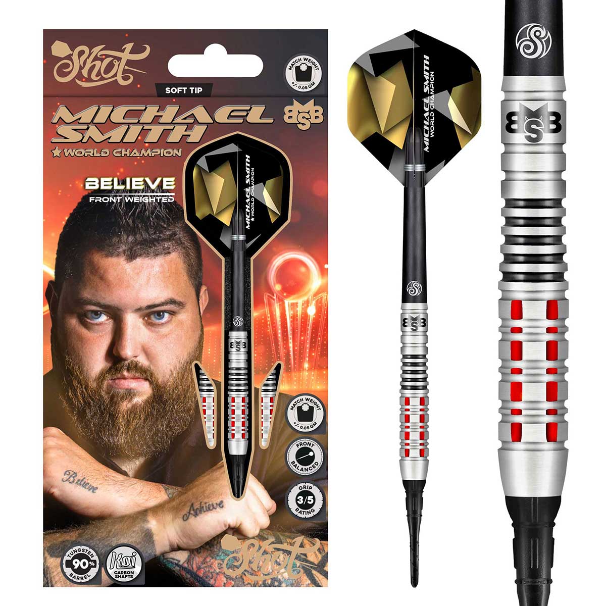 FLÉCHETTES SHOT BELIEVE DE MICHAEL SMITH POINTE SOUPLE - BARREAUX EN TUNGSTÈNE À 90%