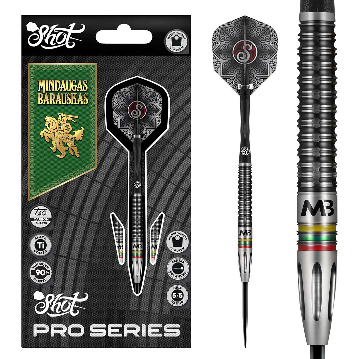 SHOT PRO SERIES - MINDAUGAS BARAUSKAS STEEL TIP DART SET - 90% TUNGSTEN BARRELS