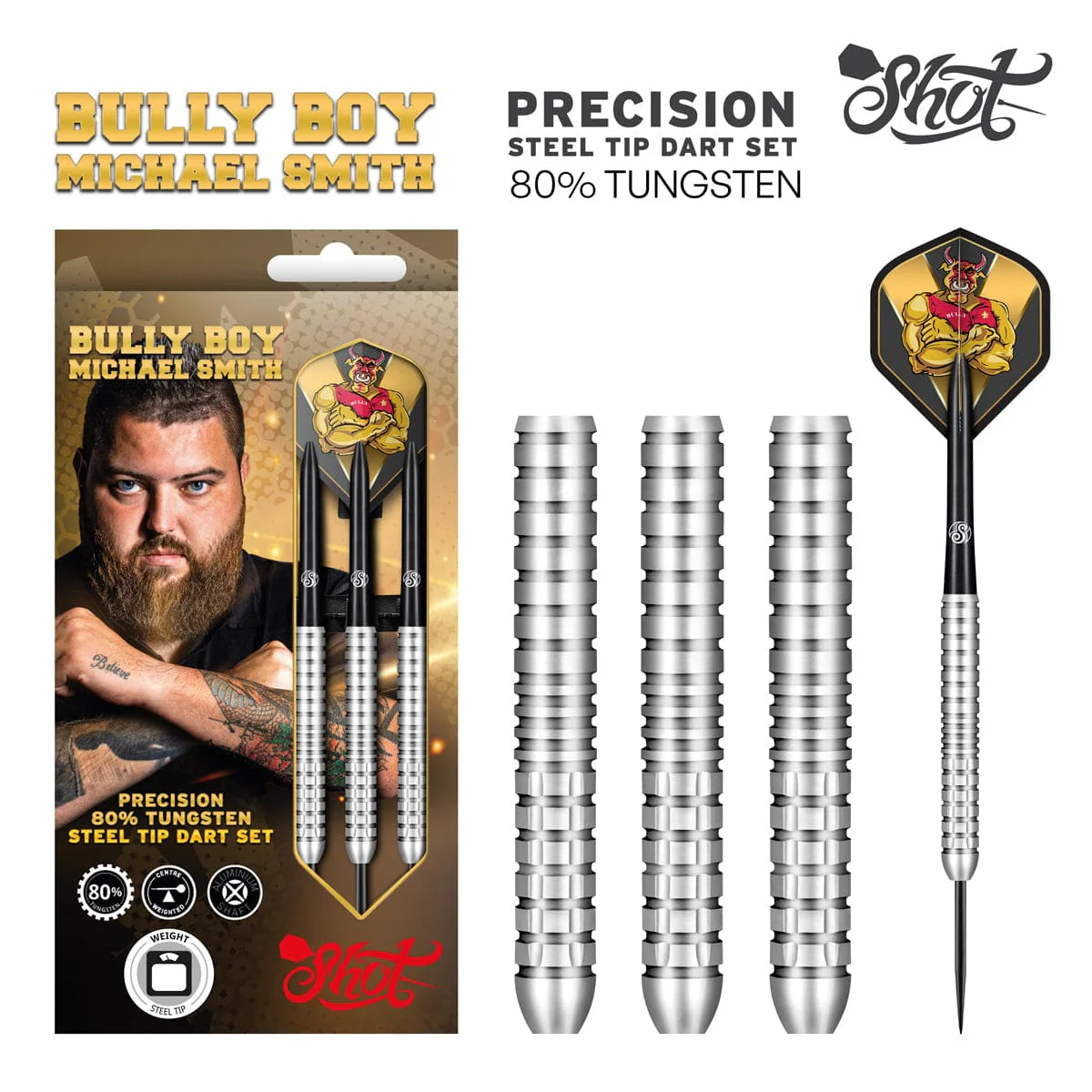 FLÉCHETTES SHOT PRÉCISION DE « BULLY BOY» MICHAEL SMITH POINTE D'ACIER - BARREAUX EN TUNGSTÈNE À 80%