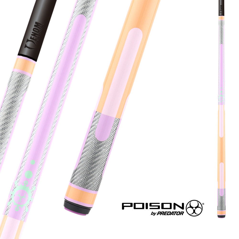 POISON CANDY SUGAR POOL CUE WITH CARBON FIBER SHAFT - PEACH/LAVENDER - NO WRAP 12.4MM 19OZ