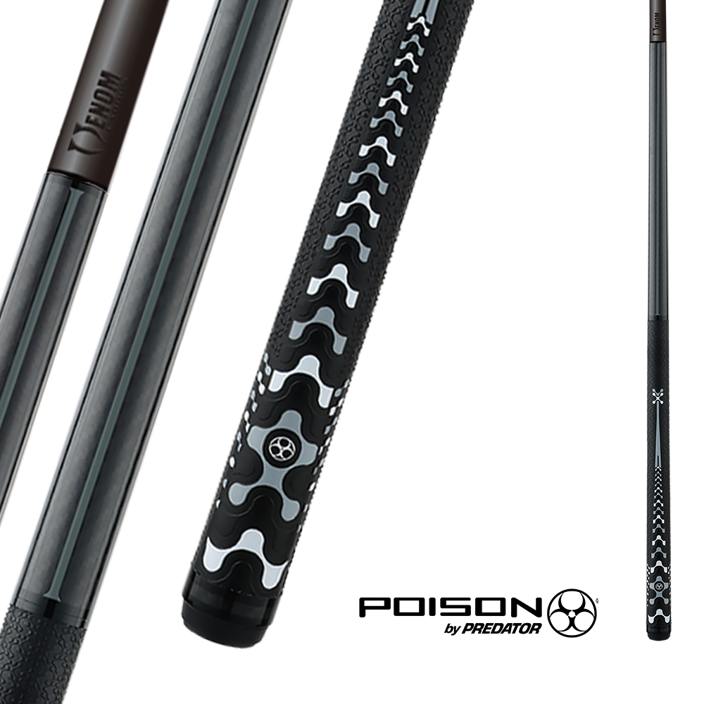 POISON VX BREAK/JUMP CUE WITH VENOM CARBON FIBER SHAFT - BLACK/GREY - TRI-COLOR GTX PATTERN WRAP 13MM 19OZ