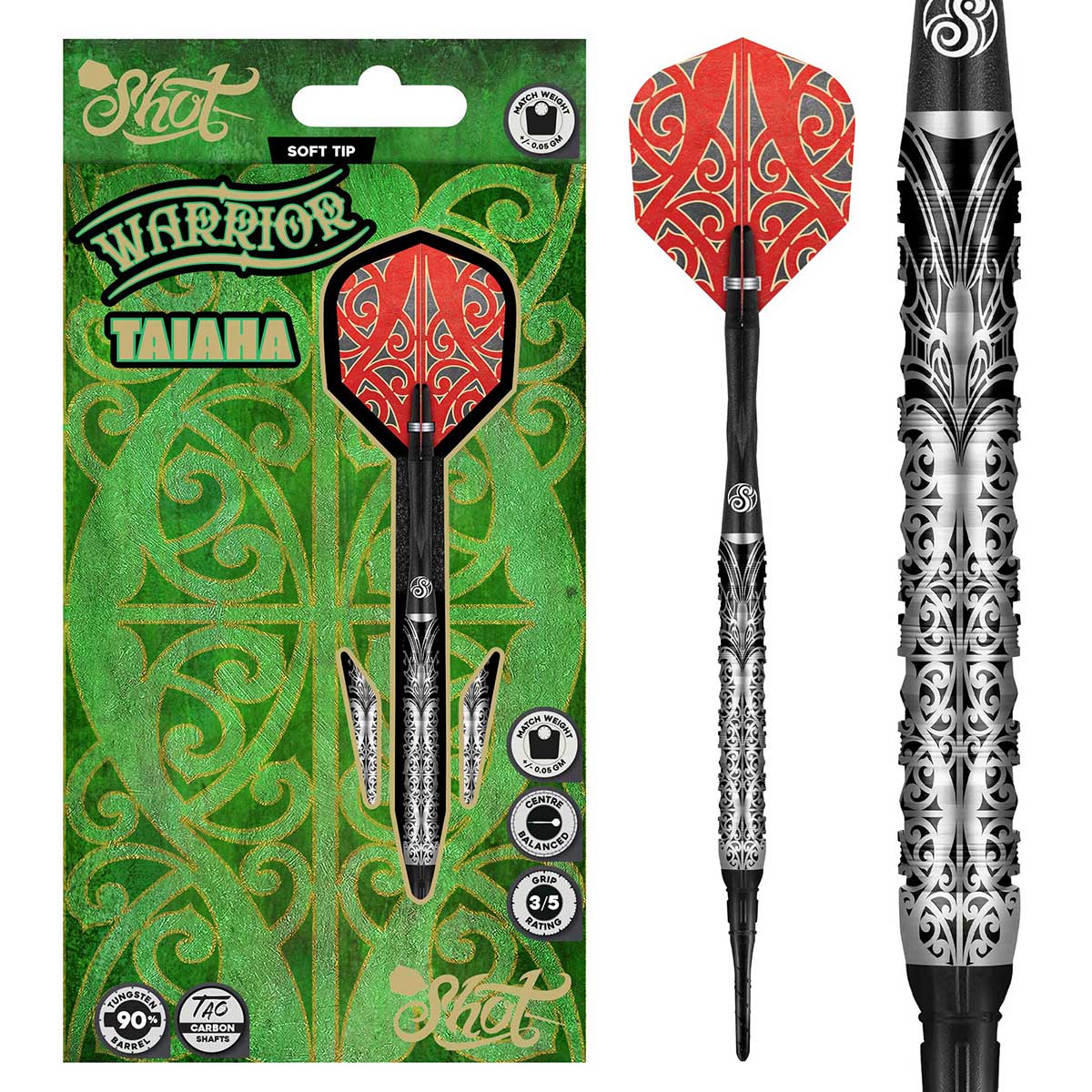 SHOT WARRIOR TAIAHA SOFT TIP DART SET - 90% TUNGSTEN BARRELS