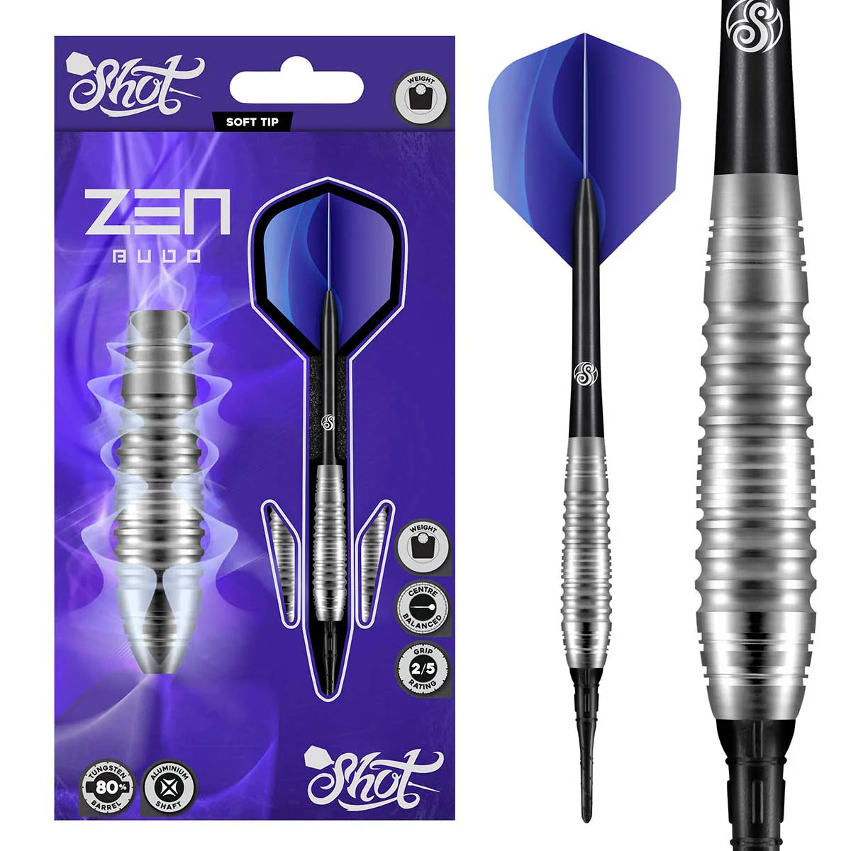 SHOT ZEN BUDO SOFT TIP DART SET - 80% TUNGSTEN BARRELS