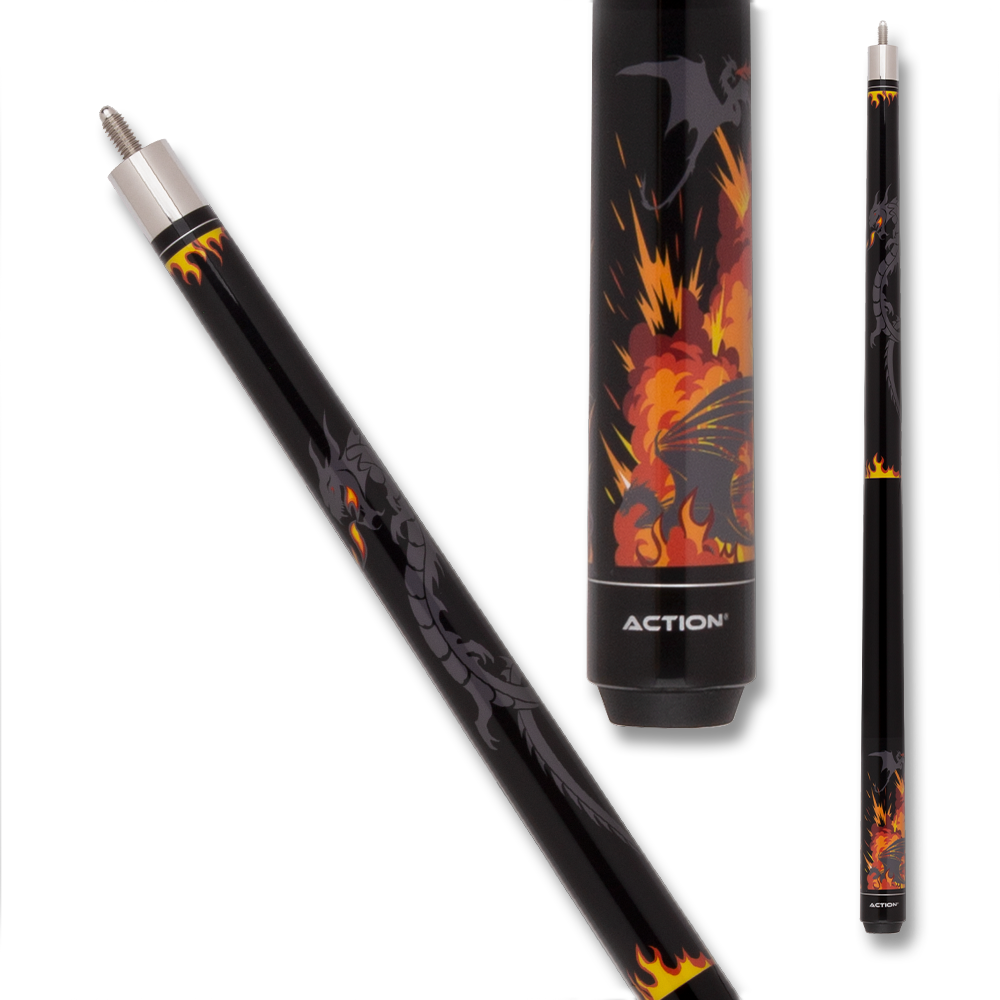 BAGUETTE DE BILLARD ACTION JR20 48" MOTIF DRAGON DE FEU NOIR ET ORANGE 12MM 19OZ