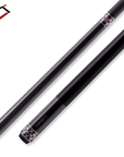 A black pool cue with a modern, sleek design featuring a glossy finish. The cue showcases decorative silver and red geometric patterns near the grip and tip ends, adding an elegant touch.