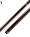 A high-quality pool cue with a glossy amber finish and intricate geometric designs near the grip. The cue's sleek design is complemented by a logo and stylish detailing, making it visually appealing for billiards enthusiasts.