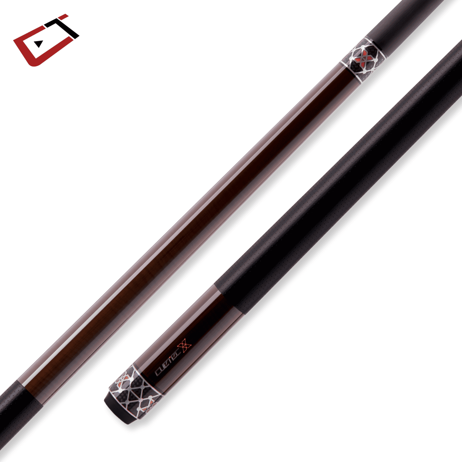 A polished pool cue featuring an amber-colored finish, intricate geometric designs near the butt section, and a textured black grip for enhanced handling. The cue combines elegance and functionality, ideal for professional and recreational players.