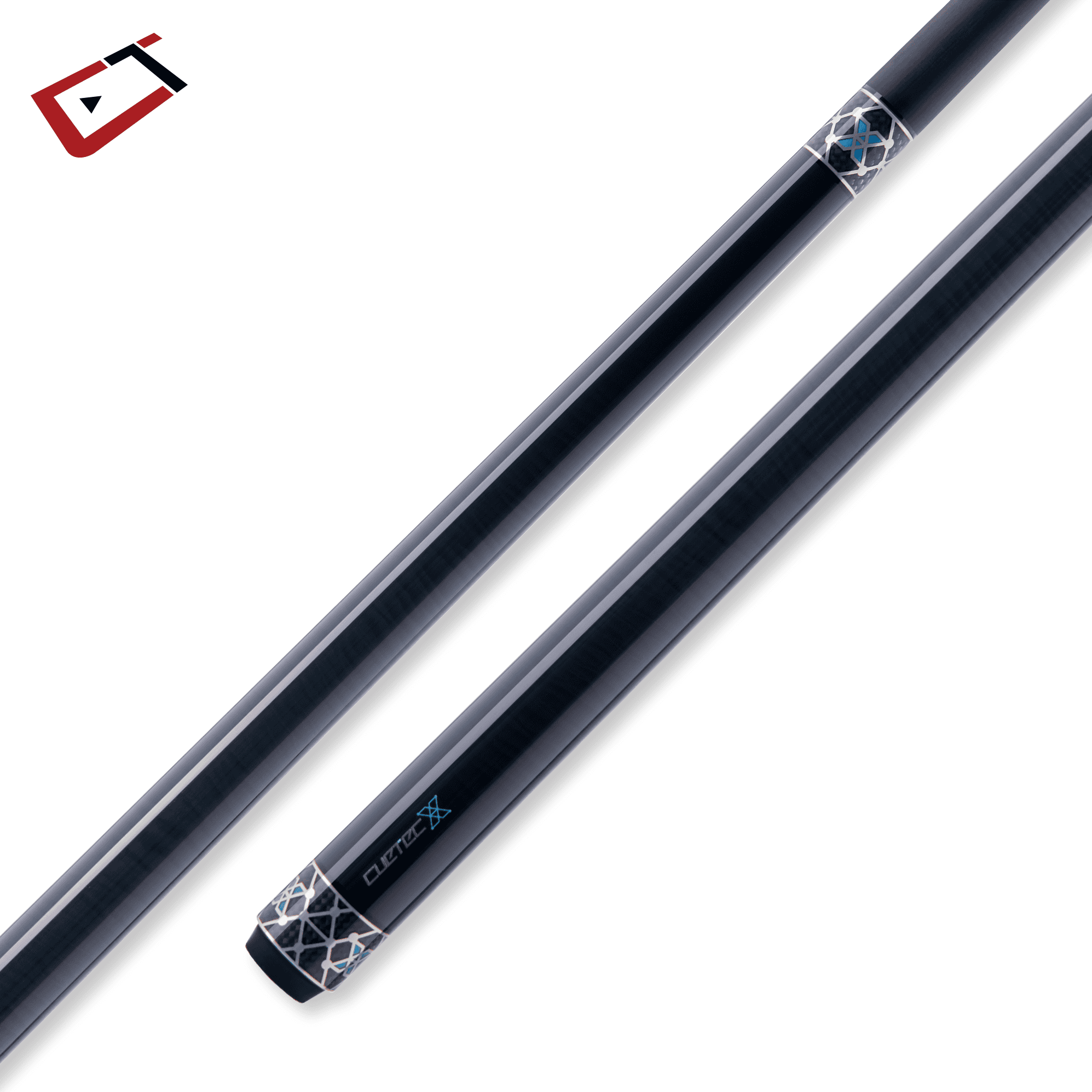 A sleek black cue stick with a glossy finish, featuring elegant silver accents and intricate blue and white geometric designs near the grip area, positioned diagonally across a white background.