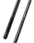 A close-up view of a sleek black and gray pool cue featuring a textured grip for enhanced handling and a carbon fiber shaft with stylish branding that reads "Falcon Carbon." The modern design emphasizes durability and precision.