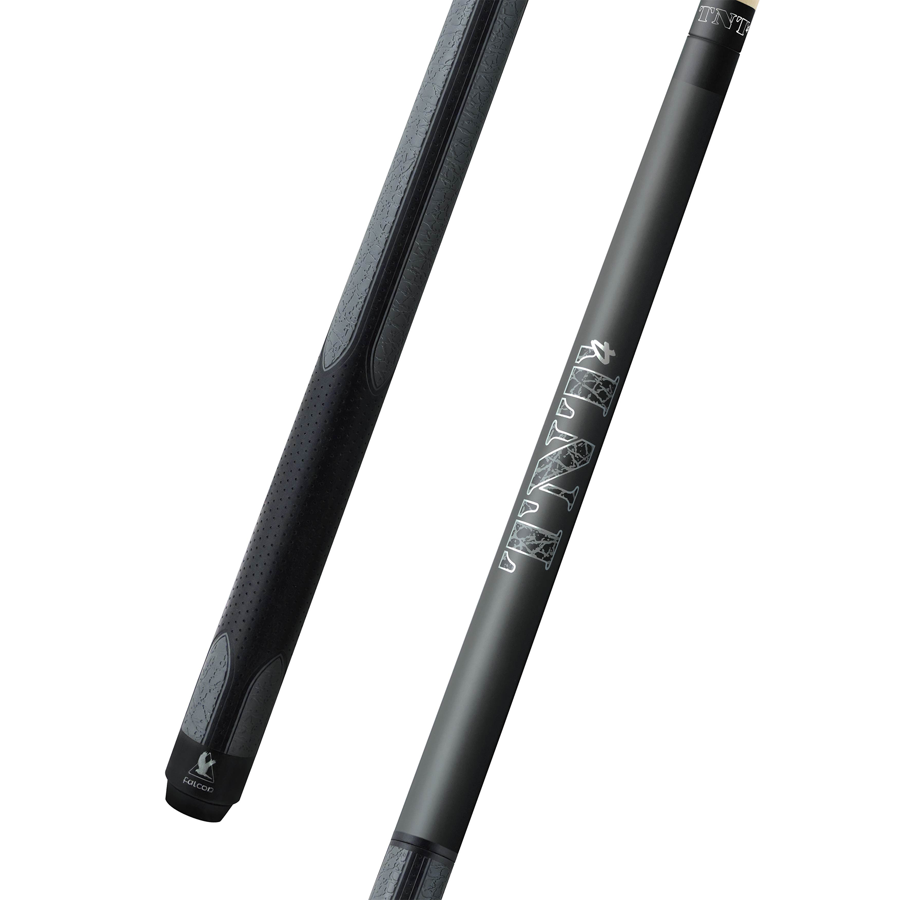 A stylish pool cue featuring a black textured grip handle and a matte gray shaft. The shaft is adorned with bold white graphic text, giving it a modern and sleek aesthetic. The brand logo is subtly placed near the bottom of the handle for a refined touch.