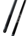 A sleek black pool cue with a textured grip handle and stylish white graphic text detailing along the shaft. The design features a blend of matte and glossy finishes, with the brand logo subtly displayed near the butt cap.