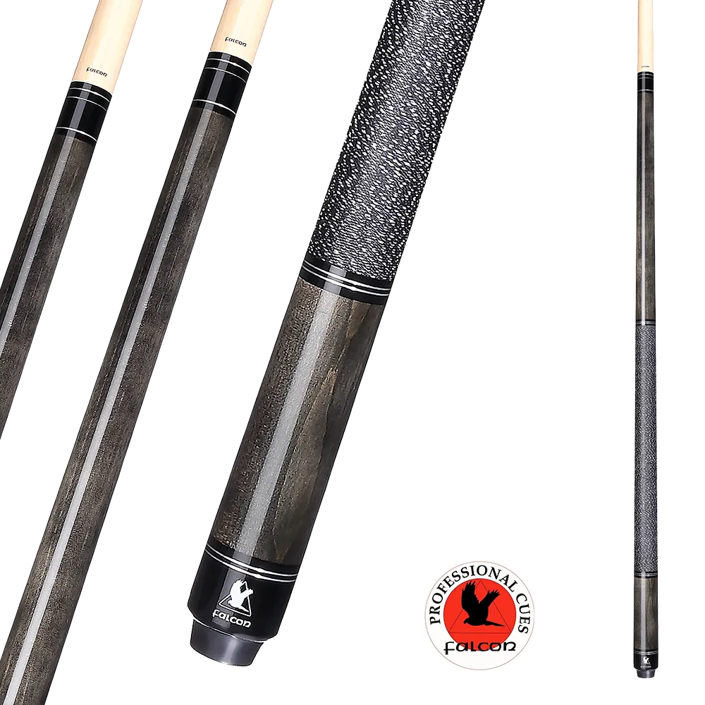 Close-up and full-length views of a Falcon professional pool cue featuring a sleek grey woodgrain finish, textured black grip, and Falcon branding logo on the cue's base.