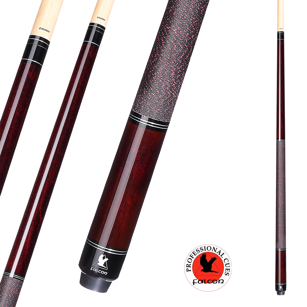 A high-quality pool cue with a polished dark redwood finish, black accents near the grip and joint, and a textured black and red grip. The Falcon logo and branding are visible near the base, alongside a circular emblem reading "Professional Cues Falcon.