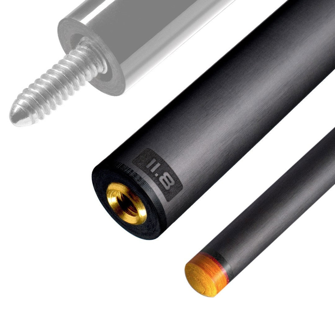 The image shows a pool cue shaft. There are three sections of the cue shaft displayed, each with a different view. The top part shows the threaded end of the shaft, which is designed to be attached to the cue butt. The middle part of the image shows the shaft in full, featuring a sleek black design with the logo &quot;REVO&quot; near the base. The bottom part shows the tip of the shaft, which is colored yellow, indicating the area of impact with the cue ball. The background is white, highlighting the product.