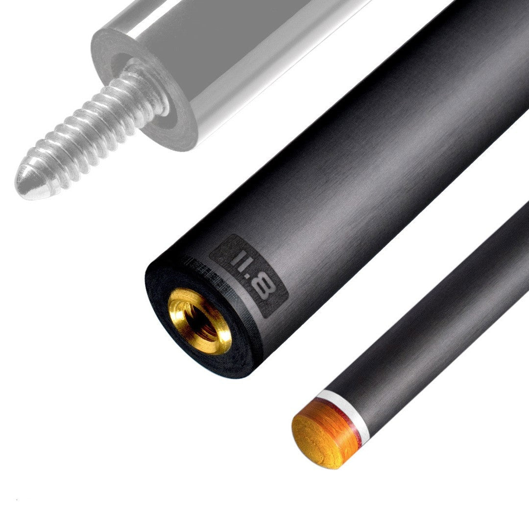 The image shows a pool cue shaft. There are three sections of the cue shaft displayed, each with a different view. The top part shows the threaded end of the shaft, which is designed to be attached to the cue butt. The middle part of the image shows the shaft in full, featuring a sleek black design with the logo &quot;REVO&quot; near the base. The bottom part shows the tip of the shaft, which is colored yellow, indicating the area of impact with the cue ball. The background is white, highlighting the product.