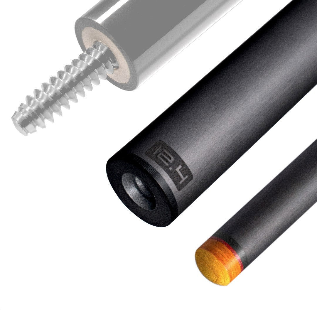 The image shows a pool cue shaft. There are three sections of the cue shaft displayed, each with a different view. The top part shows the threaded end of the shaft, which is designed to be attached to the cue butt. The middle part of the image shows the shaft in full, featuring a sleek black design with the logo &quot;REVO&quot; near the base. The bottom part shows the tip of the shaft, which is colored yellow, indicating the area of impact with the cue ball. The background is white, highlighting the product.