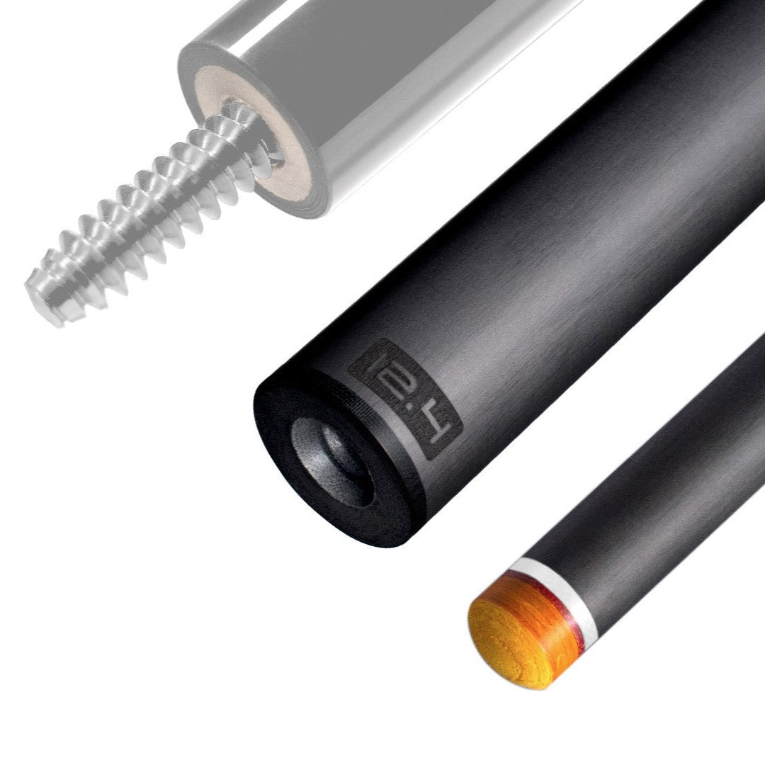 The image shows a pool cue shaft. There are three sections of the cue shaft displayed, each with a different view. The top part shows the threaded end of the shaft, which is designed to be attached to the cue butt. The middle part of the image shows the shaft in full, featuring a sleek black design with the logo &quot;REVO&quot; near the base. The bottom part shows the tip of the shaft, which is colored yellow, indicating the area of impact with the cue ball. The background is white, highlighting the product.