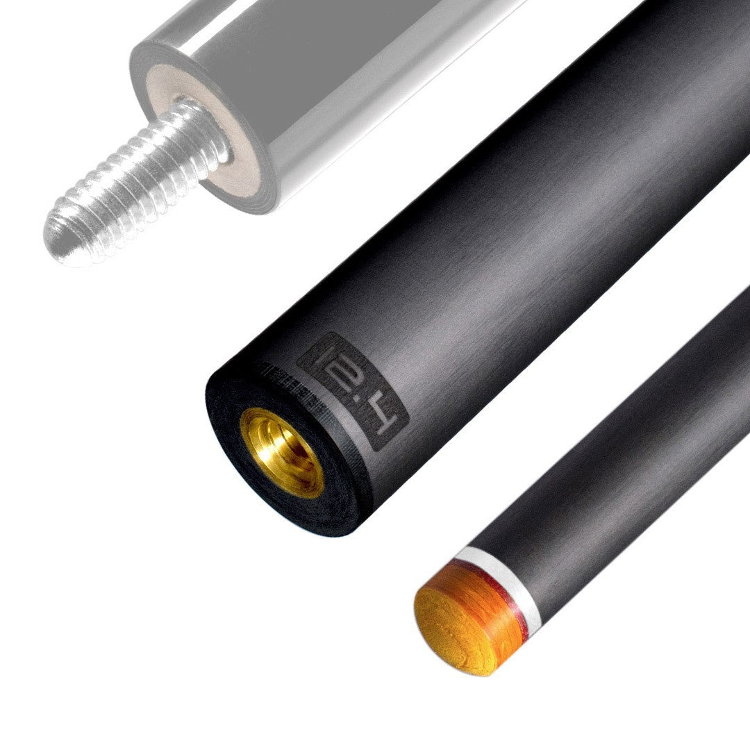 The image shows a pool cue shaft. There are three sections of the cue shaft displayed, each with a different view. The top part shows the threaded end of the shaft, which is designed to be attached to the cue butt. The middle part of the image shows the shaft in full, featuring a sleek black design with the logo &quot;REVO&quot; near the base. The bottom part shows the tip of the shaft, which is colored yellow, indicating the area of impact with the cue ball. The background is white, highlighting the product.