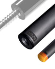 The image shows a pool cue shaft. There are three sections of the cue shaft displayed, each with a different view. The top part shows the threaded end of the shaft, which is designed to be attached to the cue butt. The middle part of the image shows the shaft in full, featuring a sleek black design with the logo "REVO" near the base. The bottom part shows the tip of the shaft, which is colored yellow, indicating the area of impact with the cue ball. The background is white, highlighting the product.