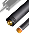 The image shows a pool cue shaft. There are three sections of the cue shaft displayed, each with a different view. The top part shows the threaded end of the shaft, which is designed to be attached to the cue butt. The middle part of the image shows the shaft in full, featuring a sleek black design with the logo "REVO" near the base. The bottom part shows the tip of the shaft, which is colored yellow, indicating the area of impact with the cue ball. The background is white, highlighting the product.