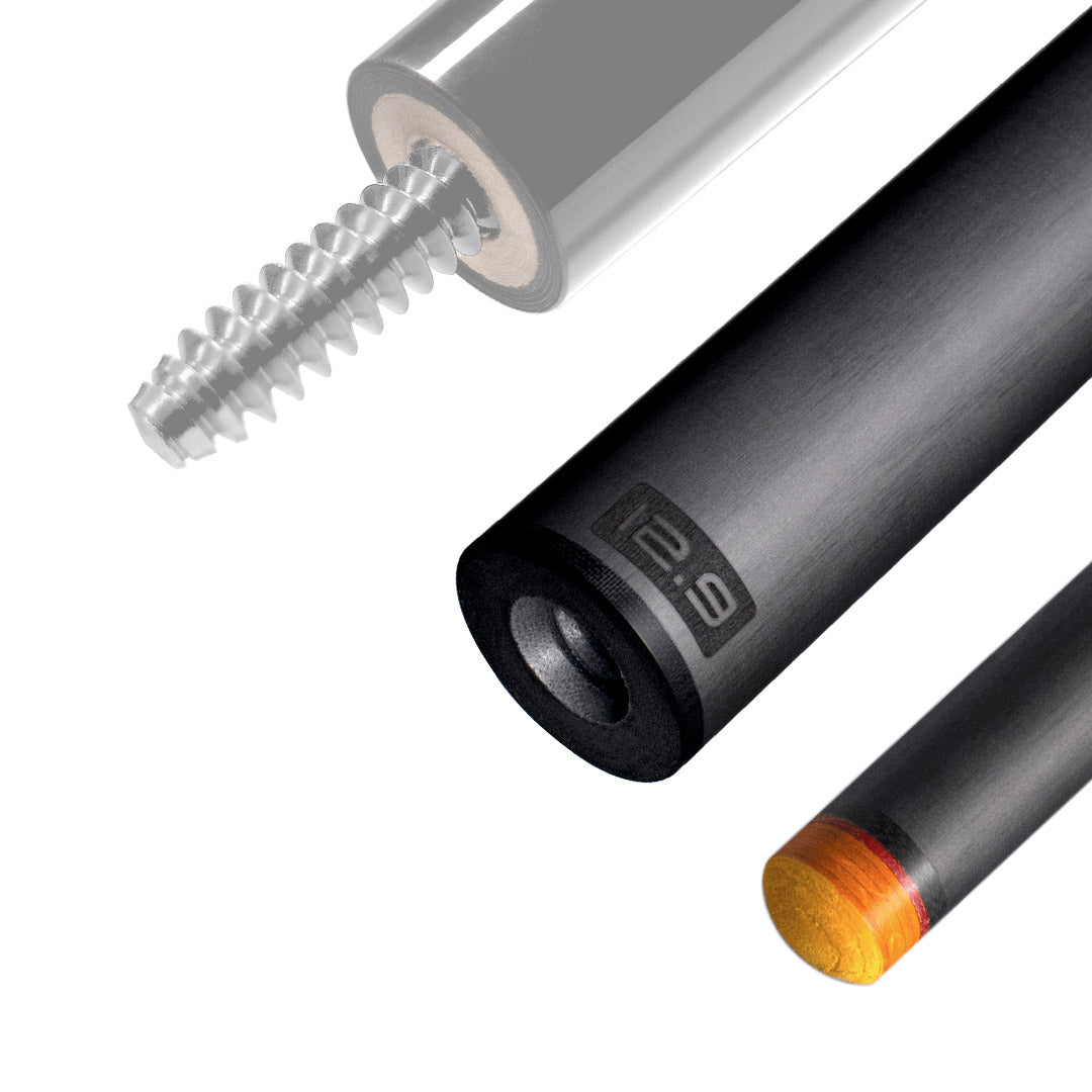 The image shows a pool cue shaft. There are three sections of the cue shaft displayed, each with a different view. The top part shows the threaded end of the shaft, which is designed to be attached to the cue butt. The middle part of the image shows the shaft in full, featuring a sleek black design with the logo &quot;REVO&quot; near the base. The bottom part shows the tip of the shaft, which is colored yellow, indicating the area of impact with the cue ball. The background is white, highlighting the product.