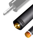 The image shows a pool cue shaft. There are three sections of the cue shaft displayed, each with a different view. The top part shows the threaded end of the shaft, which is designed to be attached to the cue butt. The middle part of the image shows the shaft in full, featuring a sleek black design with the logo "REVO" near the base. The bottom part shows the tip of the shaft, which is colored yellow, indicating the area of impact with the cue ball. The background is white, highlighting the product.